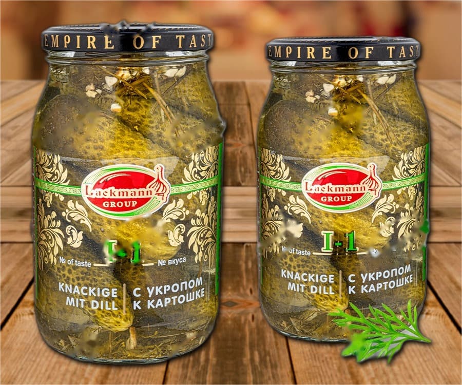 Cetriolini sottaceto I-1, con aneto, 900 ml (peso sgocciolato 440 g)