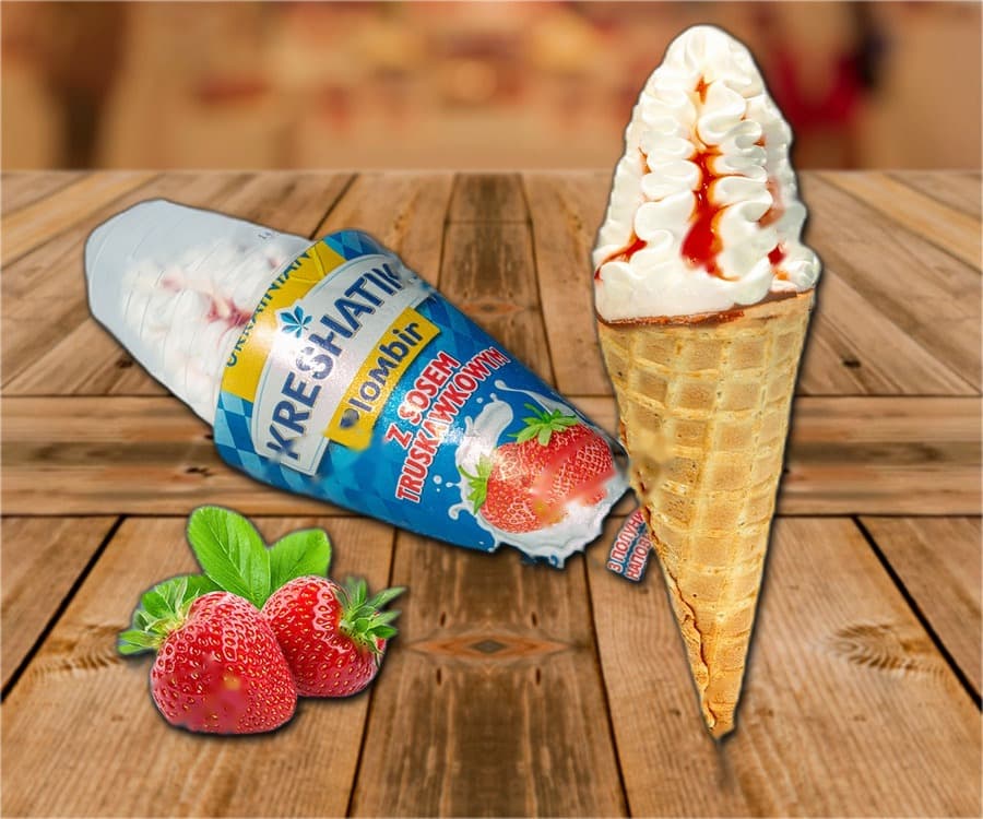 Gelato al gusto di vaniglia, con sciroppo di fragole