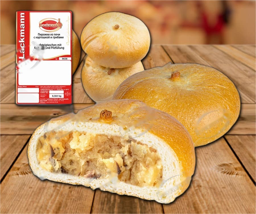 Petits chaussons à la levure farcis de pommes de terre et de champignons, cuits au four, puis surgelés rapidement.